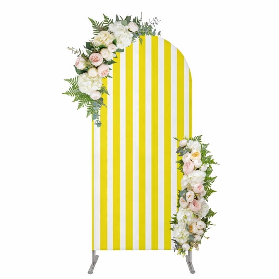 Yellow Striped Arch Backdrop Cover 4FT, Modern Farmhouse Yellow White Stripes Spandex Fitted Stretchy Arch Stand Covers, Round Top Chiara Backdrop Cover for Wedding Party Birthday Baby Shower