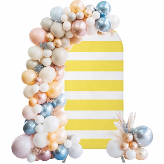 Yellow Striped Arch Backdrop Cover 6.6x3.3 Ft, Spandex Wedding Arch Stand Cover, Modern Simple Monochrome Geometric White Round Top Stretch Fitted Background Covers for Birthday Ceremony Party Decor