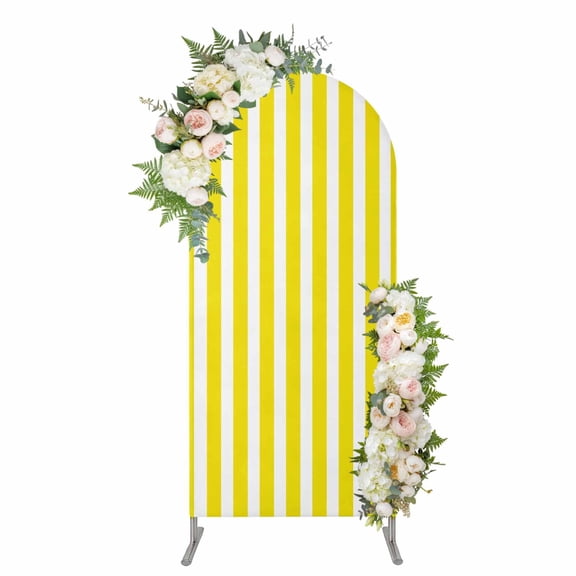 Yellow Striped Arch Backdrop Cover 7.2FT, Modern Farmhouse Yellow White Stripes Spandex Fitted Stretchy Arch Stand Covers, Round Top Chiara Backdrop Cover for Wedding Party Birthday Baby Shower