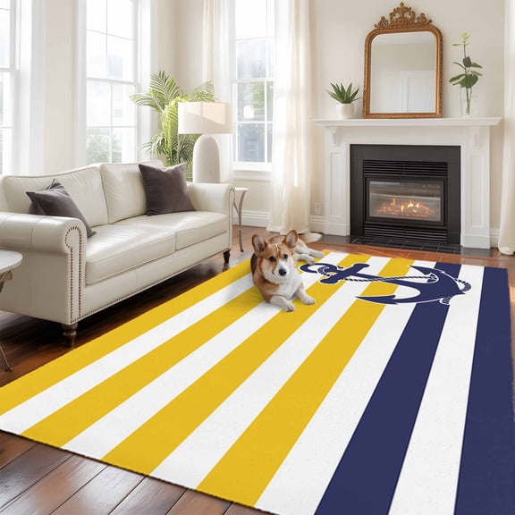 Yellow Striped Area Rug 5x8 FT, Non Slip Bedroom Throw Carpet, Navy Blue Nautical Anchor Geometric Washable Soft Floor Carpet Non-Shedding Rug for Living Room Nursery Dorm Office