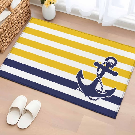Yellow Striped Bathroom Mats 2x3 FT, Non Slip Small Kitchen Mat, Navy Blue Nautical Anchor Geometric Washable Soft Backed Front Door Throw Rugs Non-Shedding Indoor Outdoor Doormat for Entryway Sink
