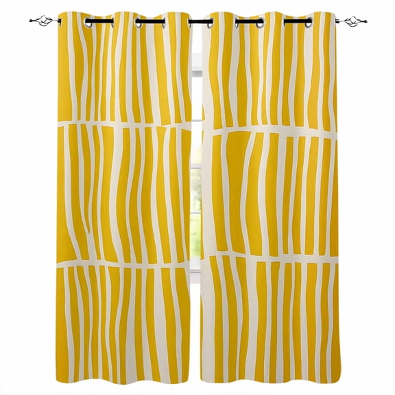 Yellow Striped Blackout Curtains 90 Inches Long, Thermal Insualted Grommet Curtains & Drapes, Modern Geometric Abstract Retro Room Darking Curtains for Living Room Bedroom Windows 2 Panels 52"W x90"L