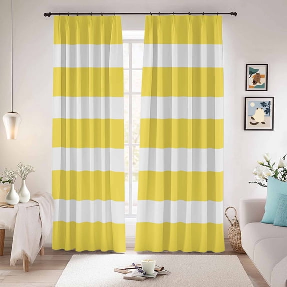 Yellow Striped Blackout Curtains for Bedroom/Living Room, Pinch Pleated Black Out Curtains, Modern Simple Monochrome Geometric White Room Darkening Window Drapes with Hooks 2 Panels, 39"x70"