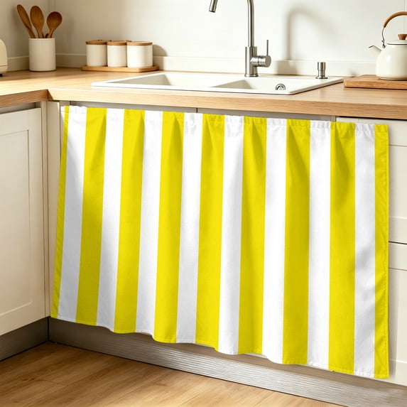 Yellow Striped Cabinet Curtains for Shelves, Modern Farmhouse Yellow White Stripes Privacy Curtain for Closet Self Adhesive, Dust-Proof Drapes for Closet Storage Room Classroom Doorway, 32"W x 55"L