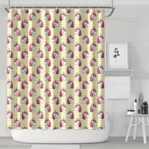 Yellow Striped Cartoon Unicorn Head Pattern Shower Curtain 72"x84" ,Bathroom Decorative Shower Curtains Set with 12 Hooks,Modern Waterproof Washable Shower Curtain