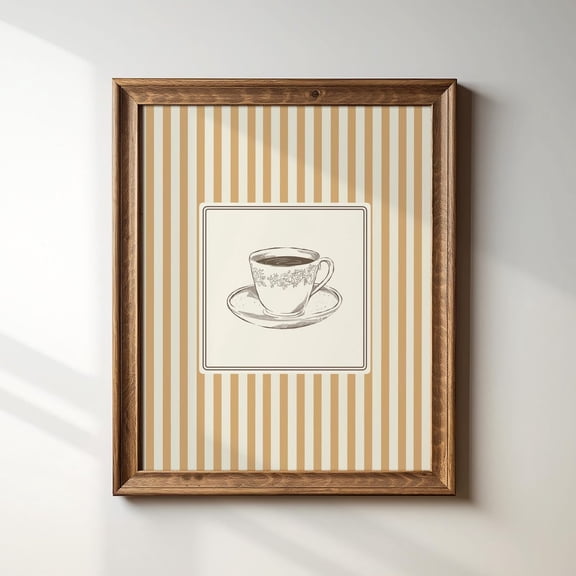 Yellow Striped Coffee Cup Line Illustration Poster, Vertical Portrait, Instant Poster, Minimalist Decor Wall Art, Modern Wall Decor For Living Room, Poster Only