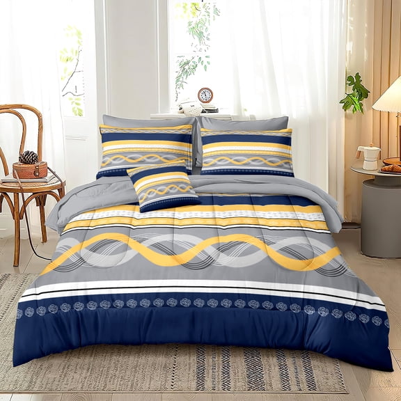 Yellow Striped Comforter Set Queen Size, 7 Pieces Bed in A Bag Yellow and Blue Patchwork, Geometric Comforter and Sheet Set, All Season Reversible Bedding Set