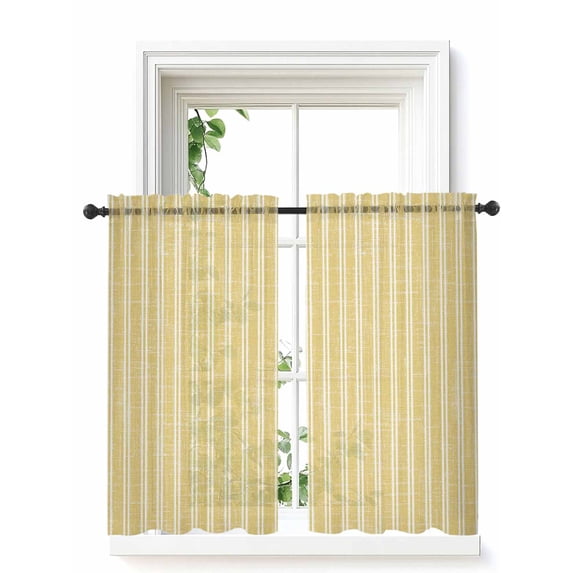 Yellow Striped Curtains 45 Inch Length,Sheer Curtains for Bedroom Living Room Window Farmhouse Geometric Striped Modern Vintage Rod Pocket Drapes Kitchen Curtains Small Half Window 42"x45" 2 Panels