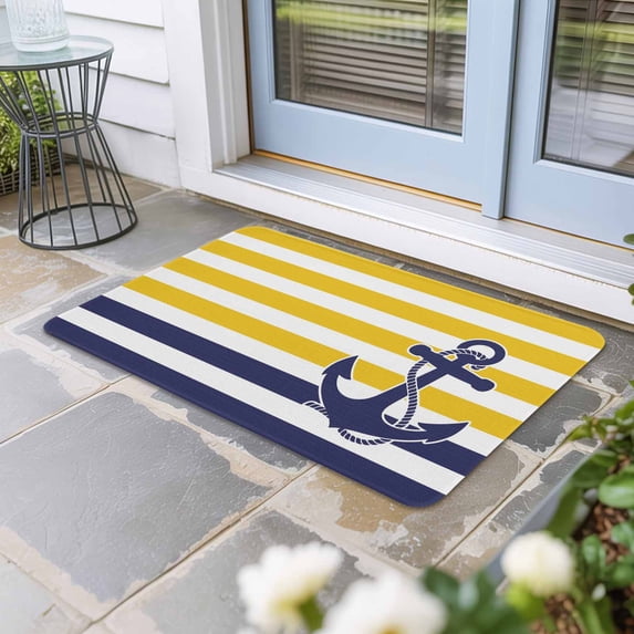 Yellow Striped Door Mat Indoor Outdoor, Navy Blue Nautical Anchor Geometric Non Slip Welcome Mat with Rubber Backing, Absorbent Fabric Front Door Mats Entryway Rug for Home Patio Entrance 16"x24"