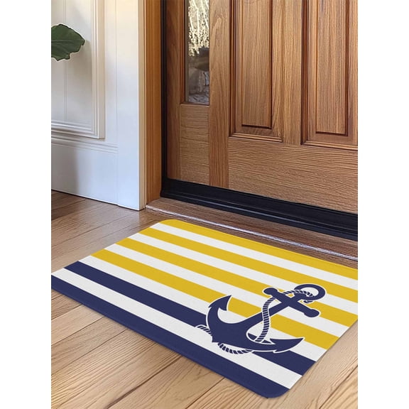 Yellow Striped Door Mat&nbsp;Indoor Outdoor Entrance, Non Slip Rug for Kitchen Bathroom Entryway Rug, Navy Blue Nautical Anchor Geometric Washable Doormat Floor Mat for Office Home Decor 24x36 Inch