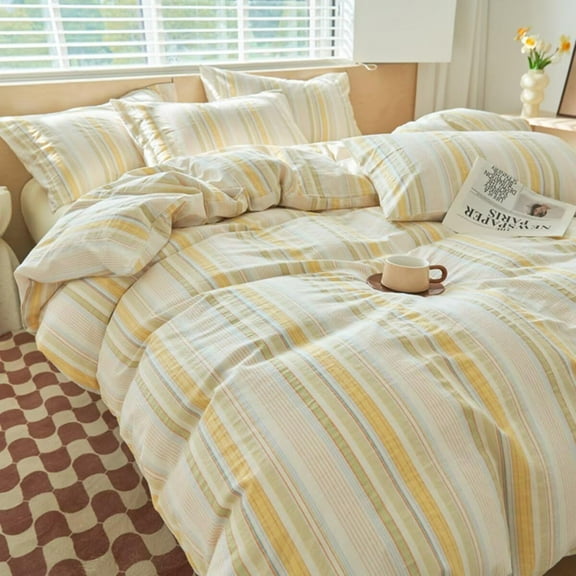 Yellow Striped Duvet Cover Set Queen 100% Washed Cotton Bedding Duvet Cover Full Colorful Striped Pattern Modern 3 Piece Bedding Set with Zipper Closure Corner Ties,Breathable Comfortable