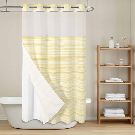 Yellow Striped No Hook Shower Curtain with Snap in Liner, Boho Mustard Yellow Lines Linen Texture Rustic Waterproof Shower Curtains with See Through Top Window Liner for Bathroom, 36x78 Inches