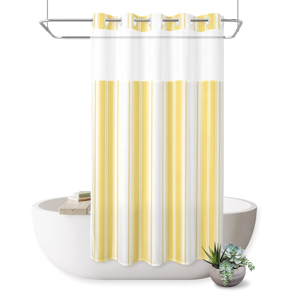 Yellow Striped No Hook Shower Curtain Vertical Stripe Modern Minimalist Shower Curtain with See Through Top Window, Waterproof Washable Fabric Curtain for Bathroom Hotel Decor, 36Wx72L