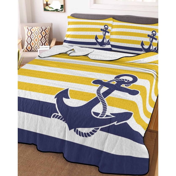 Yellow Striped King Size Down Alternative Comforter, Lightweight Comforter Quilt Bedding Set with Pillow Shams Navy Blue Nautical Anchor Geometric All Seasons Bed Comforter Duvet Insert 96"x106"