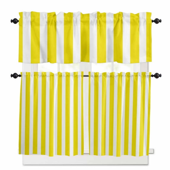 Yellow Striped Kitchen Curtains and Valances Set, 3 Piece Kitchen Curtains Set 36 Inch Length, Modern Farmhouse Yellow White Stripes Rod Pocket Curtains Tier Farmhouse Window Curtains