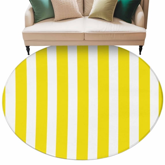Yellow Striped Large Area Rugs for Bedroom Living Room, Soft Non Slip Carpet Bedside Rug, Modern Farmhouse Yellow White Stripes Round Floor Cover Kitchen Accent Rug 8' for Dining Room/Office