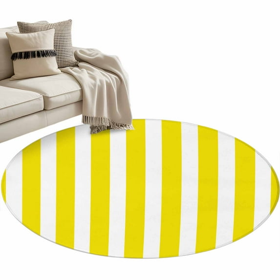 Yellow Striped Large Area Rugs for Bedroom Living Room, Soft Non Slip Carpet Bedside Rug, Modern Farmhouse Yellow White Stripes Round Floor Cover Kitchen Accent Rug 3.3' for Dining Room/Office