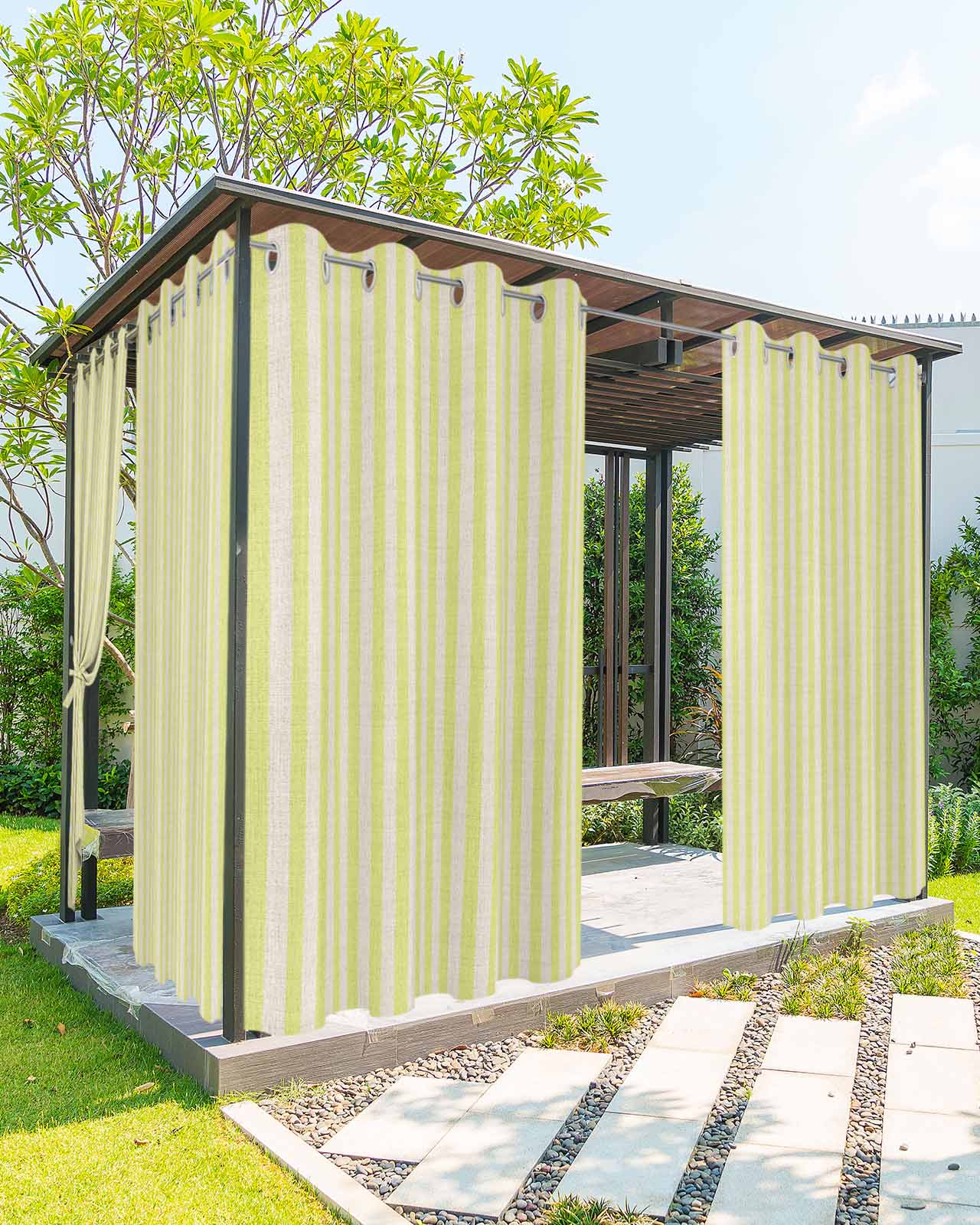Yellow Striped Outdoor Curtains for Patio, Modern Simple Farmhouse Beige Vintage Privacy Drapes Grommet Waterproof Outside Curtains for Porch/Cabana/Balcony 54"x 108", 1 Panel