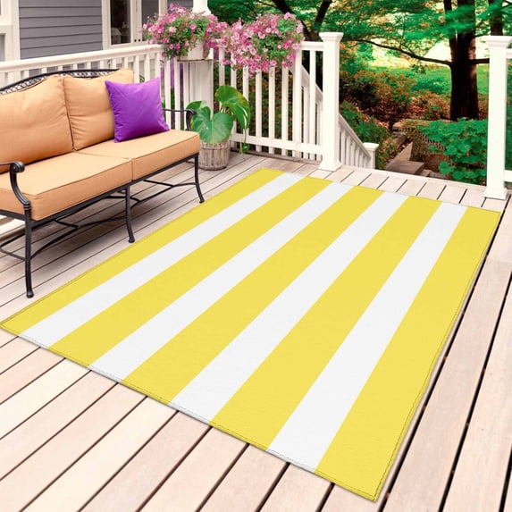 Yellow Striped Outdoor Rug for Patio/Deck/Porch, Non-Slip Large Area Rug 4 x 6 Ft, Modern Simple Monochrome Geometric White Indoor Outdoor Rugs Washable Area Rugs, Camping Rug Carpet Runner