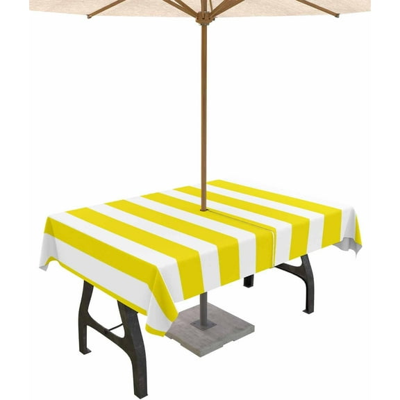 Yellow Striped Outdoor Tablecloth with Umbrella Hole & Zipper, Farmhouse Rectangle Tablecloth 60x84 Inch, Modern Yellow White Stripes Patio Table Cover Waterproof Table Cloth for Picnic/Party