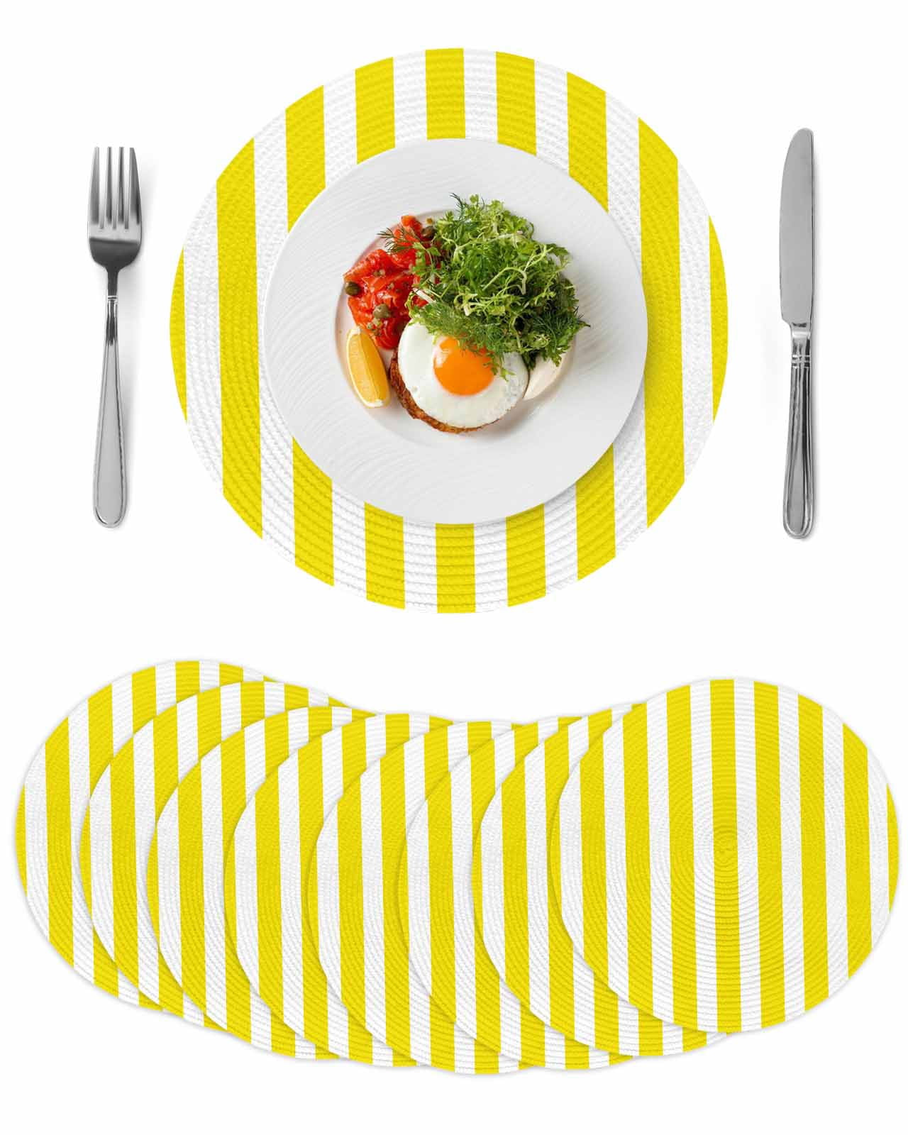Yellow Small Mat Yellow Striped Round 13 Inch Placemats Set of 8, Modern Farmhouse ...
