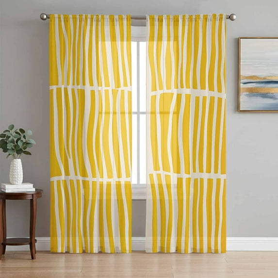 Yellow Striped Semi Sheer Curtains 108 Inch Length 2 Panels Set, Modern Geometric Abstract Retro Sheer Kitchen Curtain Privacy Voile Window Curtain for Living Room Bedroom Rod Pocket Drapes