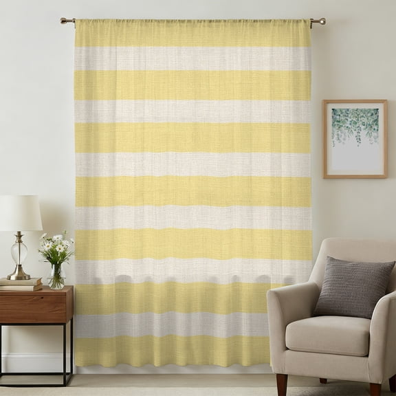 Yellow Striped Sheer Curtains 45 Inches Long, Beige Retro Minimalism Abstract Stripes Light Filering Curtains, Breathable Simi Curtain Privacy Drapes for Kitchen Bathroom Lightweight Window Treatment