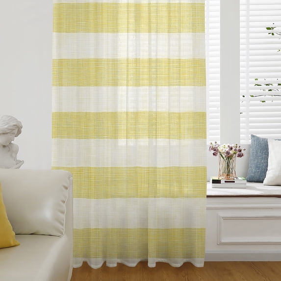 Yellow Striped Sheer Curtains 63 Inch Length, Light Filtering Voile Curtain Panel, Farmhouse Vintage Stripes Rod Pocket Drapes Window Treatments for Living Room Bedroom 52"x63"
