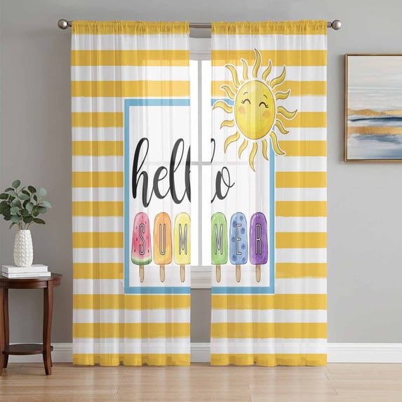 Yellow Striped Sheer Curtains 72 Inch Length 2 Panels Set Window Treatments, Farmhouse Stripes Modern Abstract Art Rod Pocket Semi Curtains for Living Room/Bedroom/Kitchen Décor, 104"W x 72"L