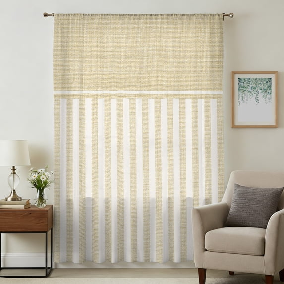 Yellow Striped Sheer Curtains 84 Inches Long, Boho Stripes Minimalist Linen Texture Light Filering Curtains, Breathable Simi Curtain Privacy Drapes for Living Room Bedroom Window Treatment