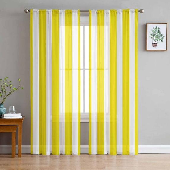 Yellow Striped Sheer Curtains 96 Inches Long 2 Panels Set, Window Sheer Curtains for Living Room/Bedroom, Modern Farmhouse Yellow White Stripes Light Filtering Rod Pocket Curtain 52'' x 96'' x 2