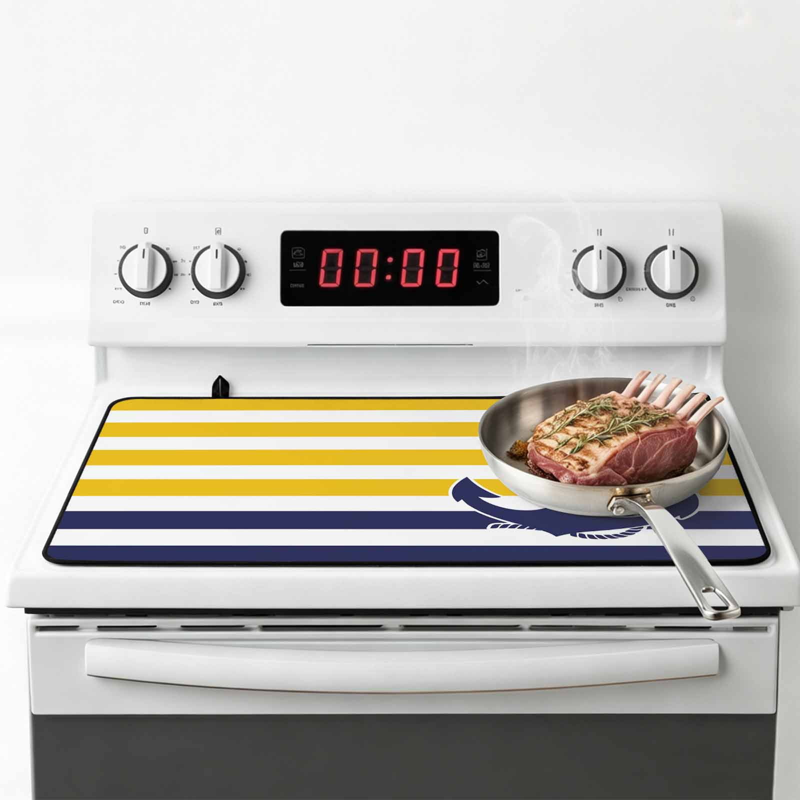 Yellow Striped Stove Top Cover for Electric Stove, Heat-proof & Non Slip Glass Top Stove Cover Protector, Navy Blue Nautical Anchor Geometric Kitchen Flat Cooktop Rubber Mat 24x21 Inches