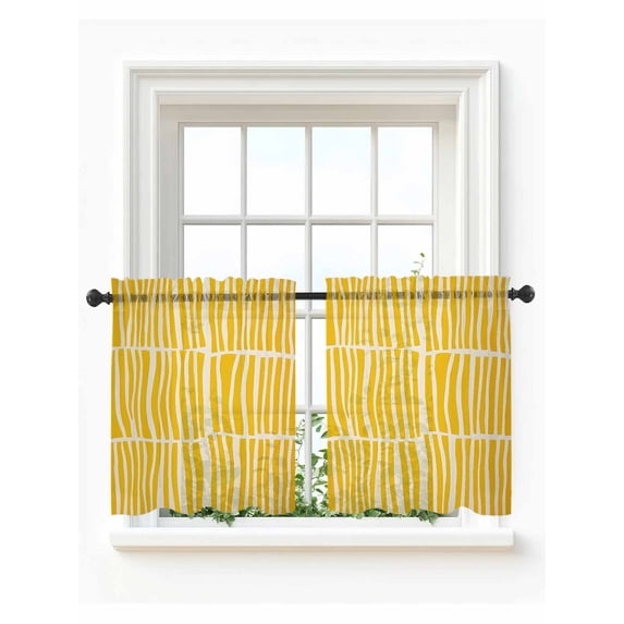 Yellow Striped Tier Curtains 24 Inch Length, Sheer Curtains for Bedroom Living Room Window Modern Geometric Abstract Retro Rod Pocket Drapes Kitchen Curtains Small Half Window 27.5"x24" 2 Panels