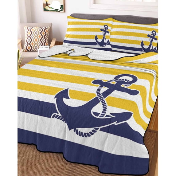 Yellow Striped Twin XL Size Down Alternative Comforter, Lightweight Comforter Quilt Bedding Set with Pillow Shams Navy Blue Nautical Anchor Geometric All Seasons Bed Comforter Duvet Insert 68"x98"