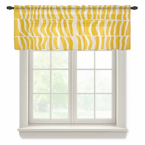 Yellow Striped Valance Curtains for Kitchen/Living Room/Bathroom/Bedroom Window, Rod Pocket Small Topper Half Short Window Curtains Voile Sheer Scarf, Modern Geometric Abstract Retro 54"x18"