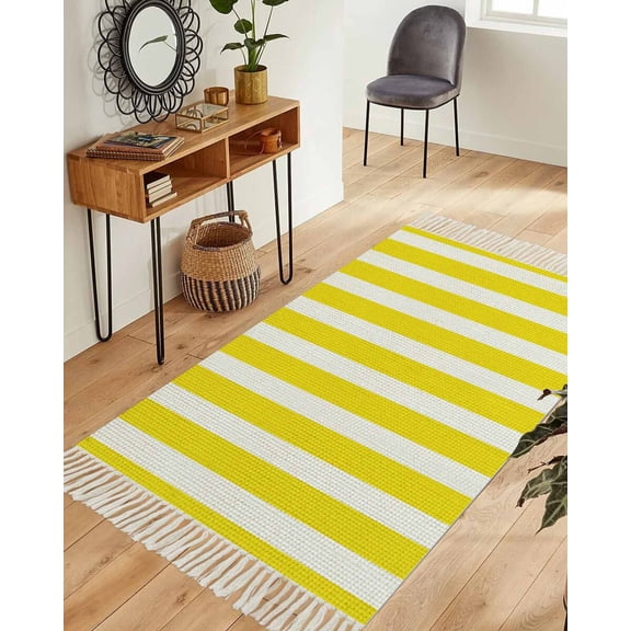 Yellow Striped Washable Area Rug 3'x5', Modern Farmhouse Yellow White Stripes Woven Cotton Tassels Kitchen Rugs, Non Slip Indoor Door Mat Throw Carpet for Entryway Living Room Nursery Laundry Room