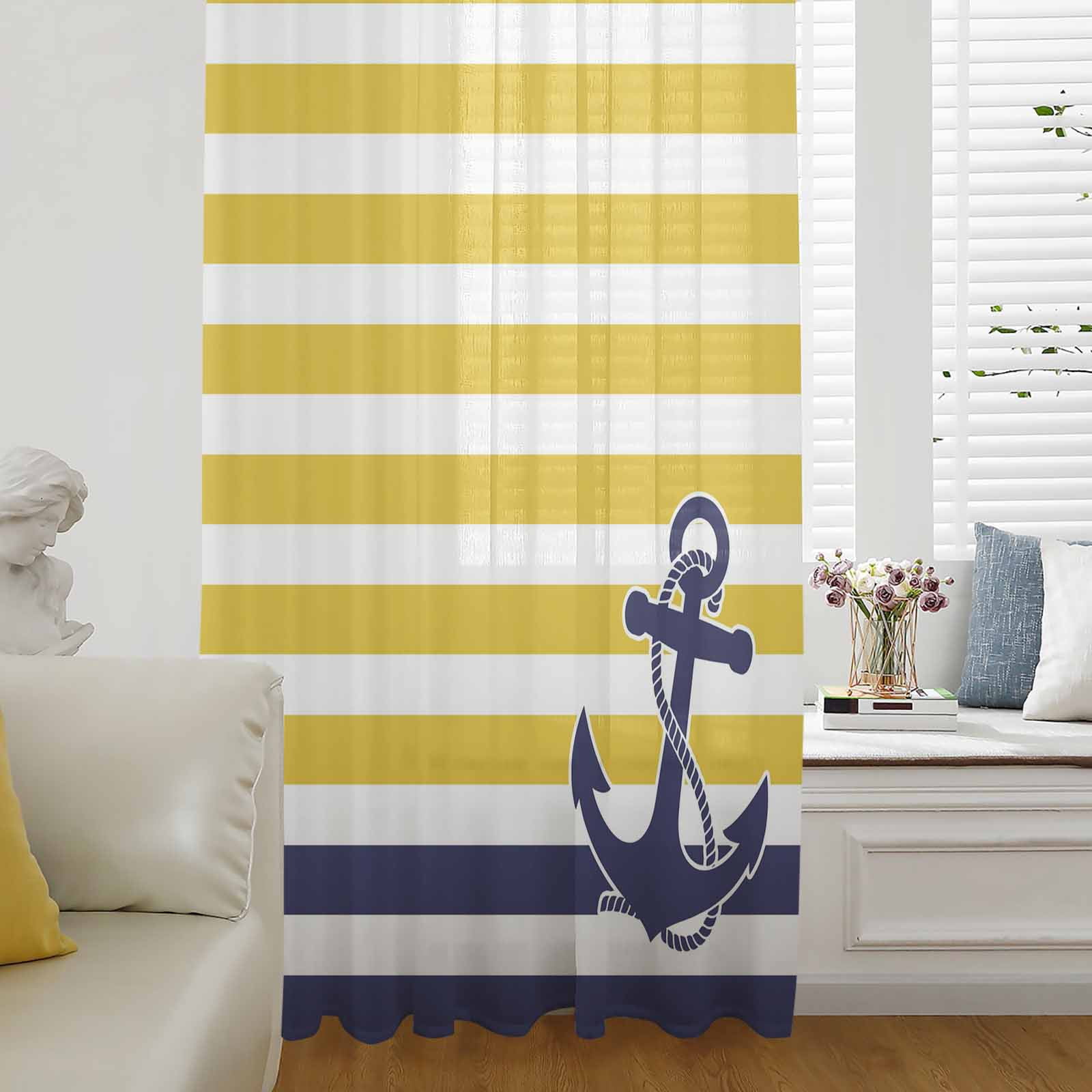 Yellow Striped Window Curtain 45 Inches Long,Navy Blue Nautical Anchor