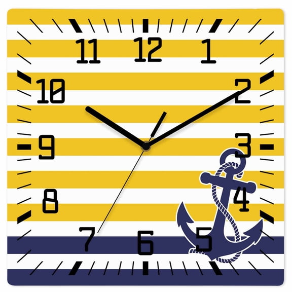 Yellow Striped Wooden Wall Clock Silent Non Ticking, Navy Blue Nautical Anchor Geometric Square Wall Clocks Battery Operated, Decor Clock for Home Office, Living Room, Kitchen, 12 Inch