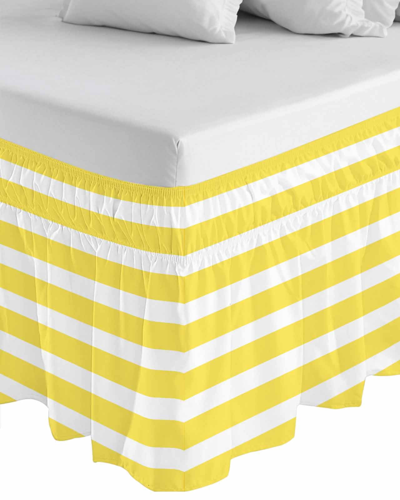 Yellow Striped Wrap Around Bed Skirts for California King Bed 16" Drop,Bed Skirt with Adjustable Elastic Belt Dust Ruffle Bed Valance Modern Simple Monochrome Geometric White Bed Frame Cover