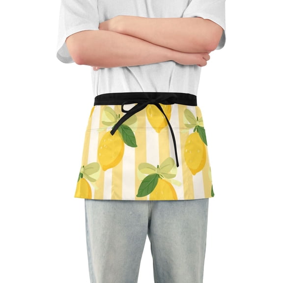 Yellow Stripes Bows Lemons Short Server Apron with 3 Pockets for Unisex Chef Gardening