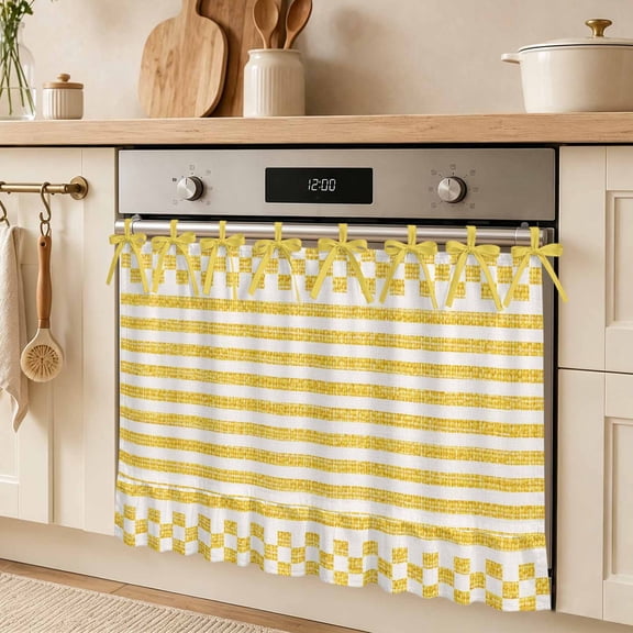 Yellow Stripes Oven Curtain Skirt Farmhouse Rustic Yellow White Check Stove Cover Skirt Tie Top Kitchen Decorative Stove Curtain with Ribbon Ties for Dishwasher Cabinet 32"x24"