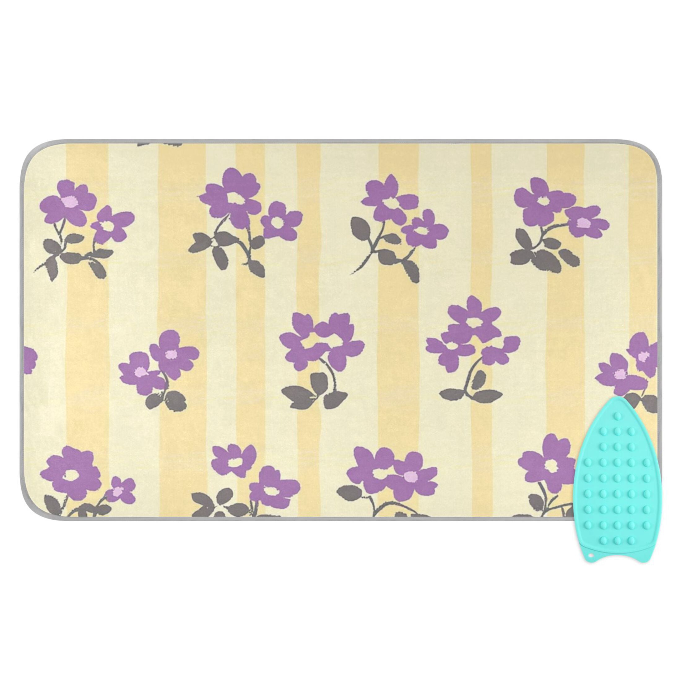 Yellow Stripes Purple Flowers Leaves Ironing Mat Blanket Portable Travel Ironing Pad Heat Resistant Pad 47.2" x 27.6”