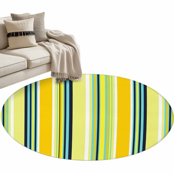 Yellow Stripes Round Area&nbsp;Rug 4ft Lines Art Non-Slip&nbsp;Washable Circle Rugs Soft Felt Indoor Floor Mat for Bedroom Kitchen Living Room Bathroom