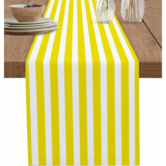 Yellow Stripes Short Table Runners 48 Inches, Cotton Linen Fabric Table Runner Dresser Scarf, Farmhouse White Simple Vertical Striped Tablerunner for Party/Kitchen/Dinner/Wedding Decor 13''''x48''''