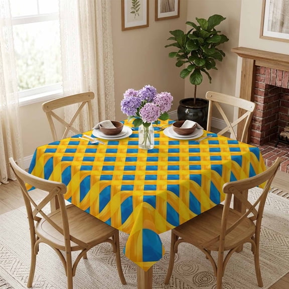 Yellow Stripes Square Tablecloth 60x60 Inch Blue Diamond Plaid Waterproof Polyester Tablecloth for Dining Table, Washable Table Cover for Kitchen Dining Room Wedding Decoration,Stain Resistant