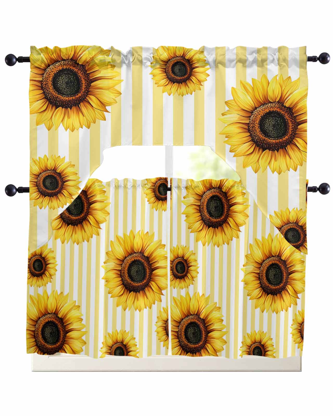 Yellow Stripes Sunflower Kitchen Curtains Sets 24 Inch Length with ...