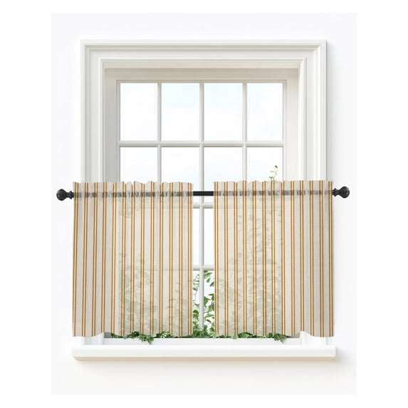 Yellow Stripes Tier Curtains 24 Inch Length,Sheer Curtains for Bedroom Living Room Farmhouse Minimalist Vertical Lines Retro Short Kitchen Curtains Drapes for Small Half Window 27.5"x24" 2 Panels