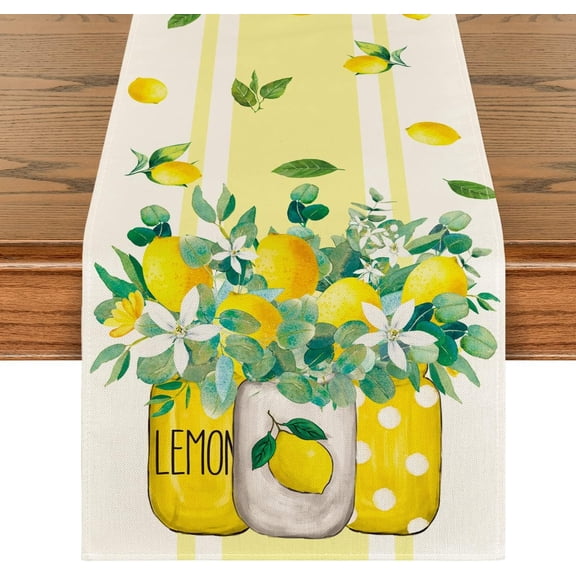Yellow Stripes Vase Lemon Summer Table Runner, Spring Kitchen Dining Table Decoration for Home Party Decor 13x72 Inch