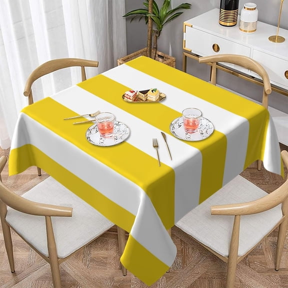 Yellow Stripes, White Stripes, Striped Pattern Soft Tablecloth Square Dinng Table Covers for Kitchen & Table Linens 52" x 52"