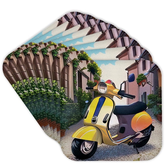 3drose, Yellow Stylish Motor Scooter. Narrow Street, Cozy Houses Digital Art, Set of 8 Coasters - Soft